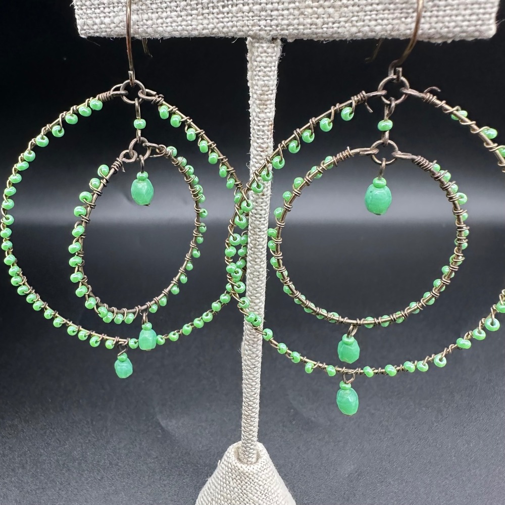 Handmade Double Hoop Beaded Dangle Earrings Green Copper Wire OS